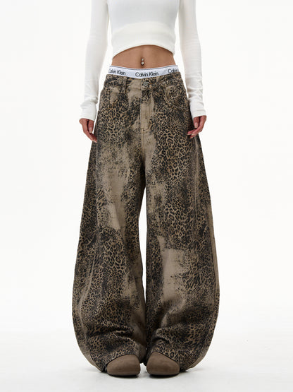 Retro Leopard Print Wide Jeans