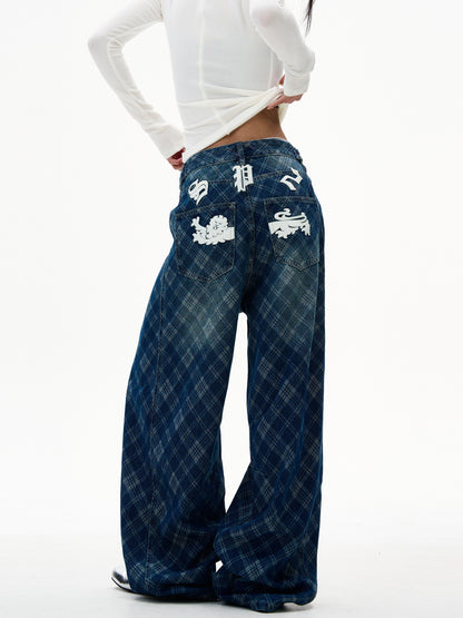 Retro Blue Plaid Wide Jeans