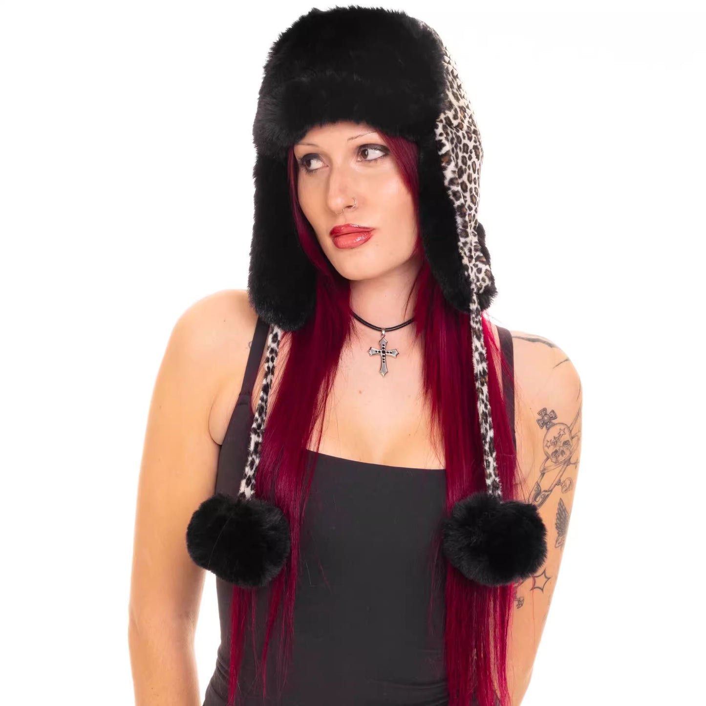 Leopard Print Plush Earmuff Hat with Rivets