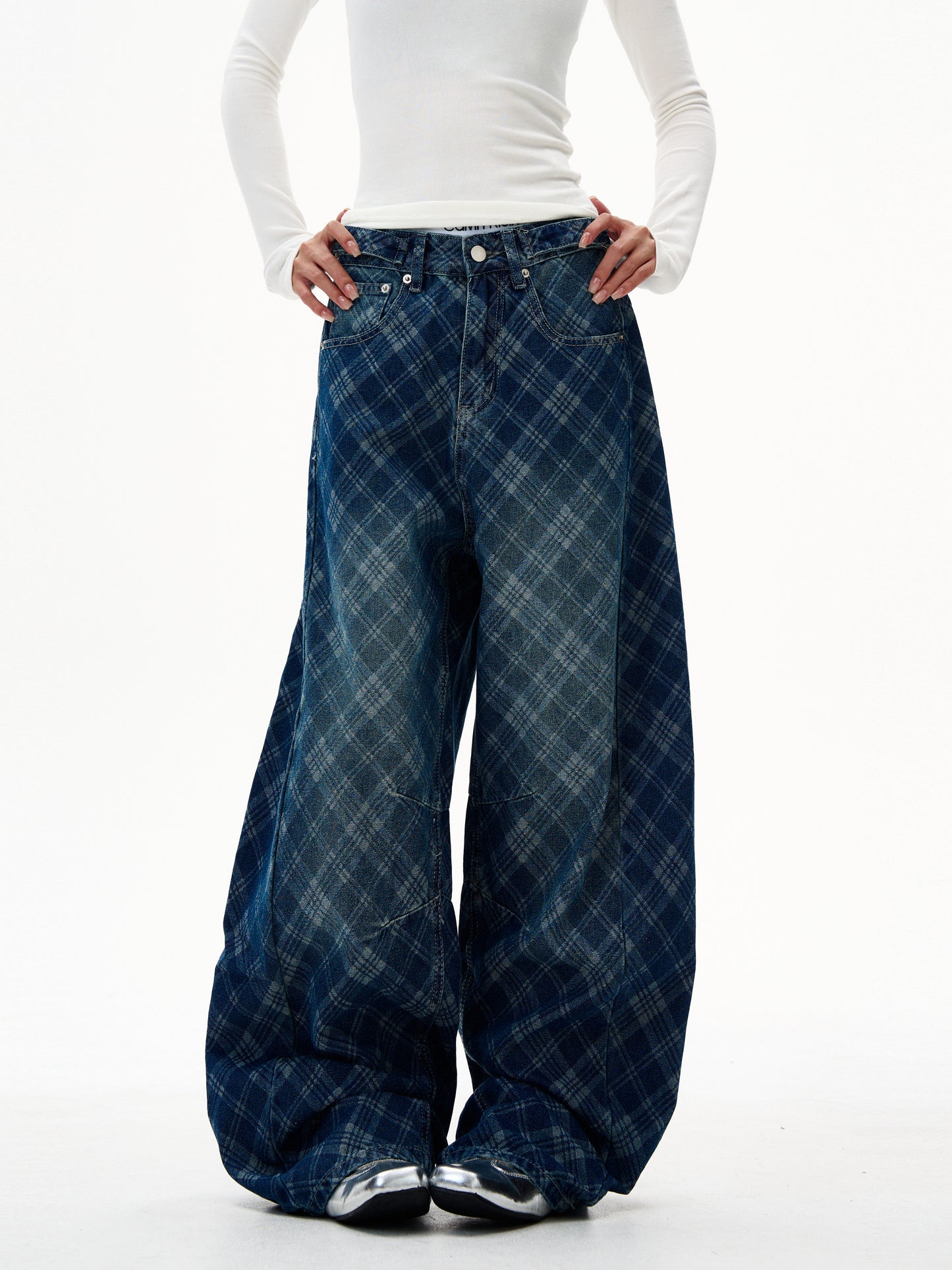 Retro Blue Plaid Wide Jeans