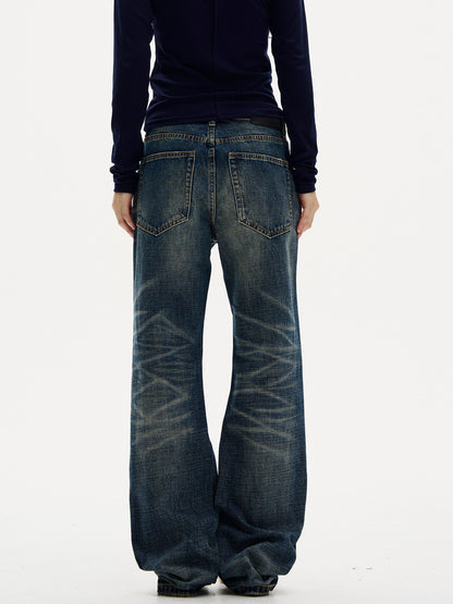 Retro Whiskered Flared Denim Jeans