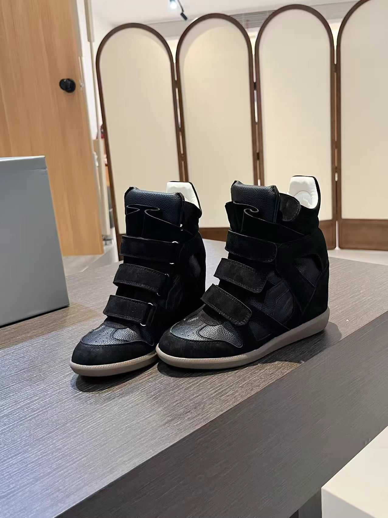 Wedge Heel High-Top Velcro Leather Sneakers