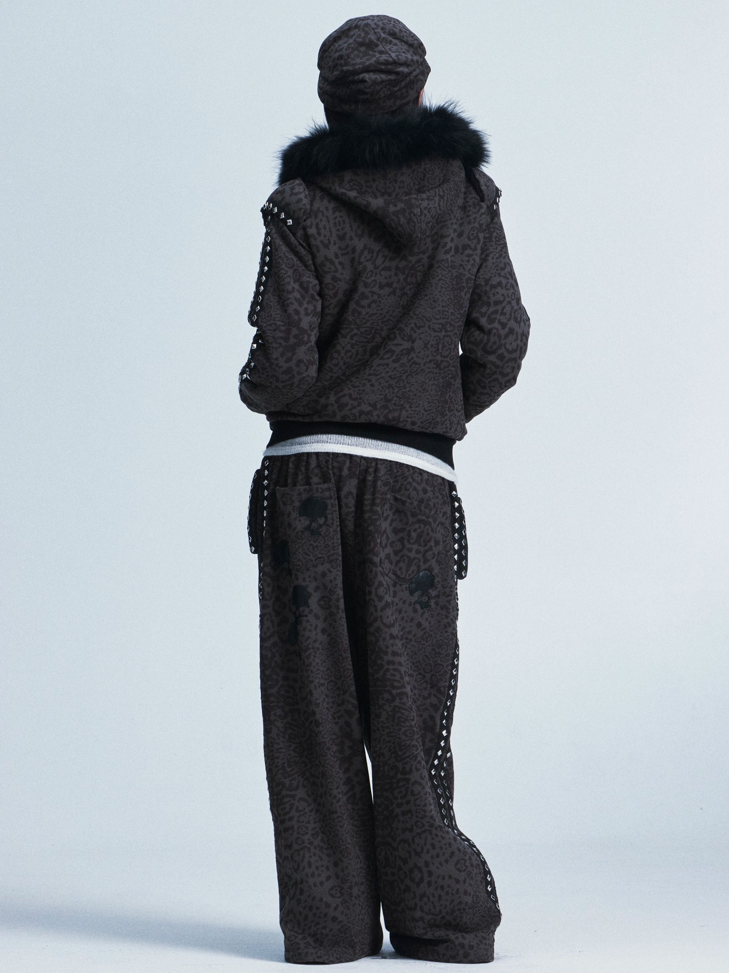 Leopard Print Hooded Sweatshirt & Pants Set with Fuzzy Collar