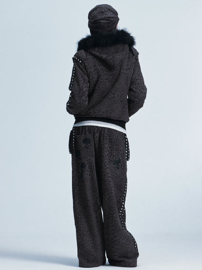 Leopard Print Hooded Sweatshirt & Pants Set with Fuzzy Collar