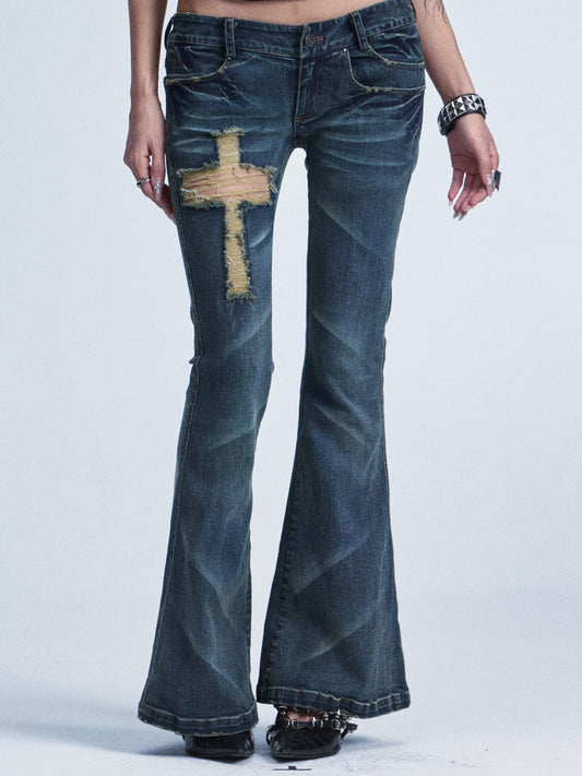 Stretch Slim Fit Washed Distressed Low-Rise Double Pocket Cross Ripped Flare Jeans