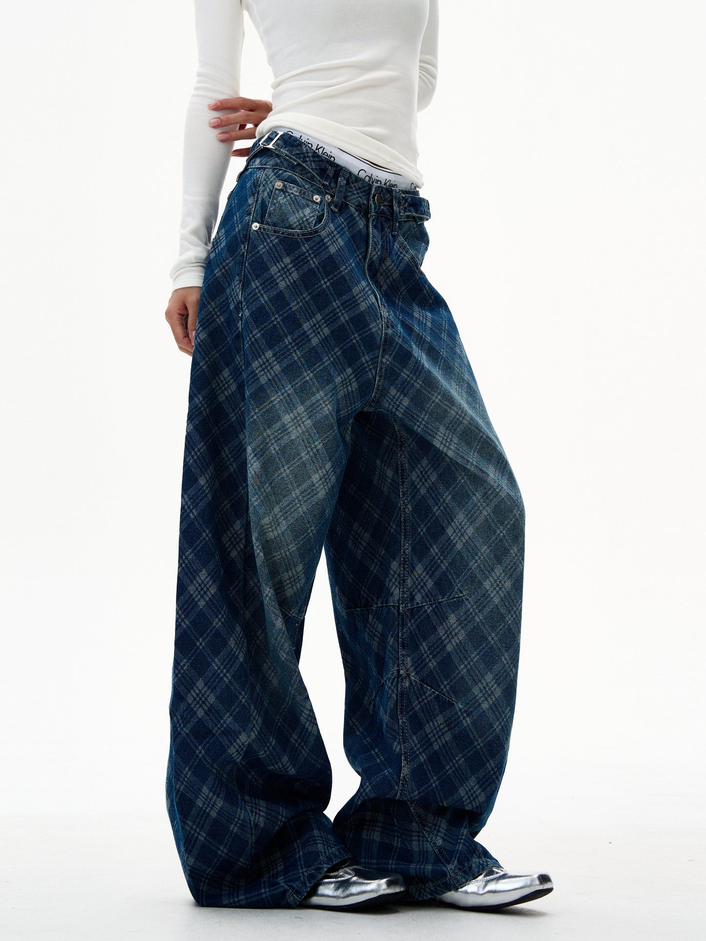 Retro Blue Plaid Wide Jeans