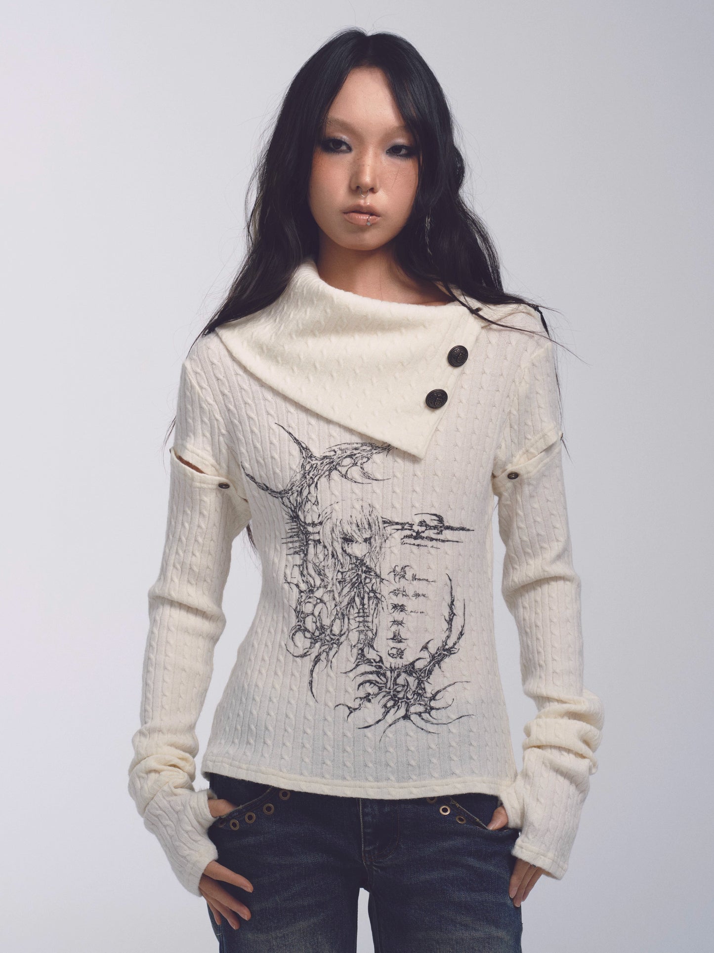 Elastic Skin-Friendly High-Neck Knit Shorts Set with Detachable Sleeves