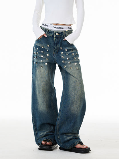 Studded Washed Straight Jeans