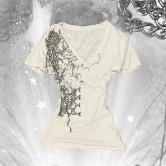 Retro Slim V-Neck Short Sleeve Top