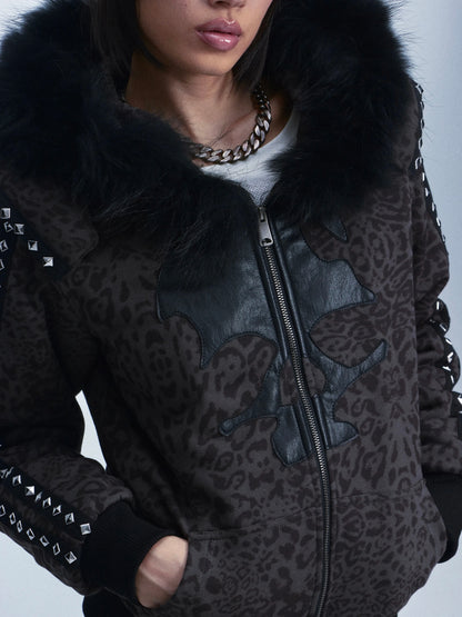 Leopard Print Hooded Sweatshirt & Pants Set with Fuzzy Collar