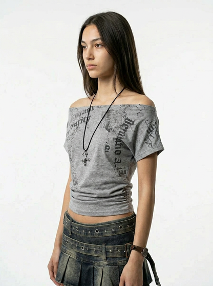 Grey Off-Shoulder Graphic Tee