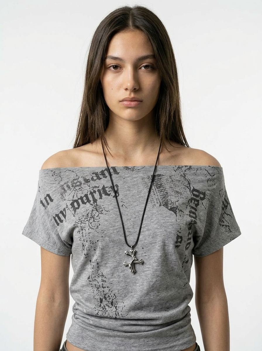 Grey Off-Shoulder Graphic Tee