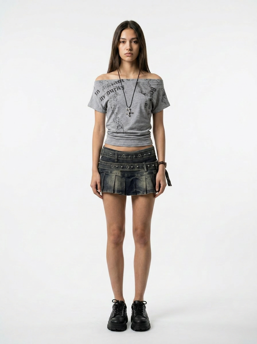Grey Off-Shoulder Graphic Tee