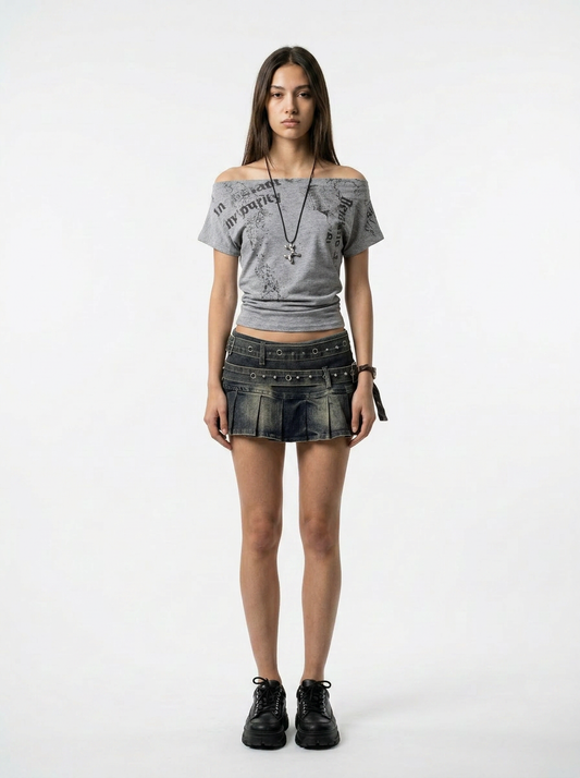 Grey Off-Shoulder Graphic Tee